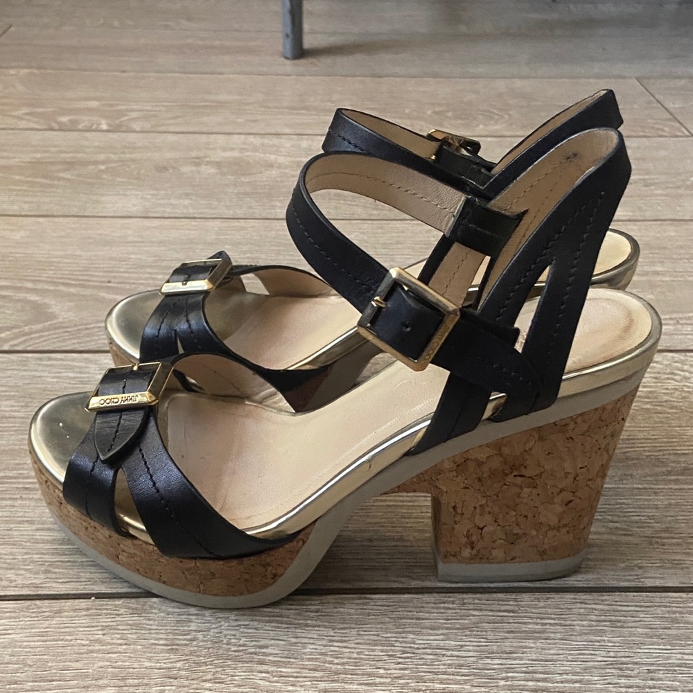 Jimmy Choo Black Leather Cork Platform Sandals with Gold Hardware - Picture 4 of 6
